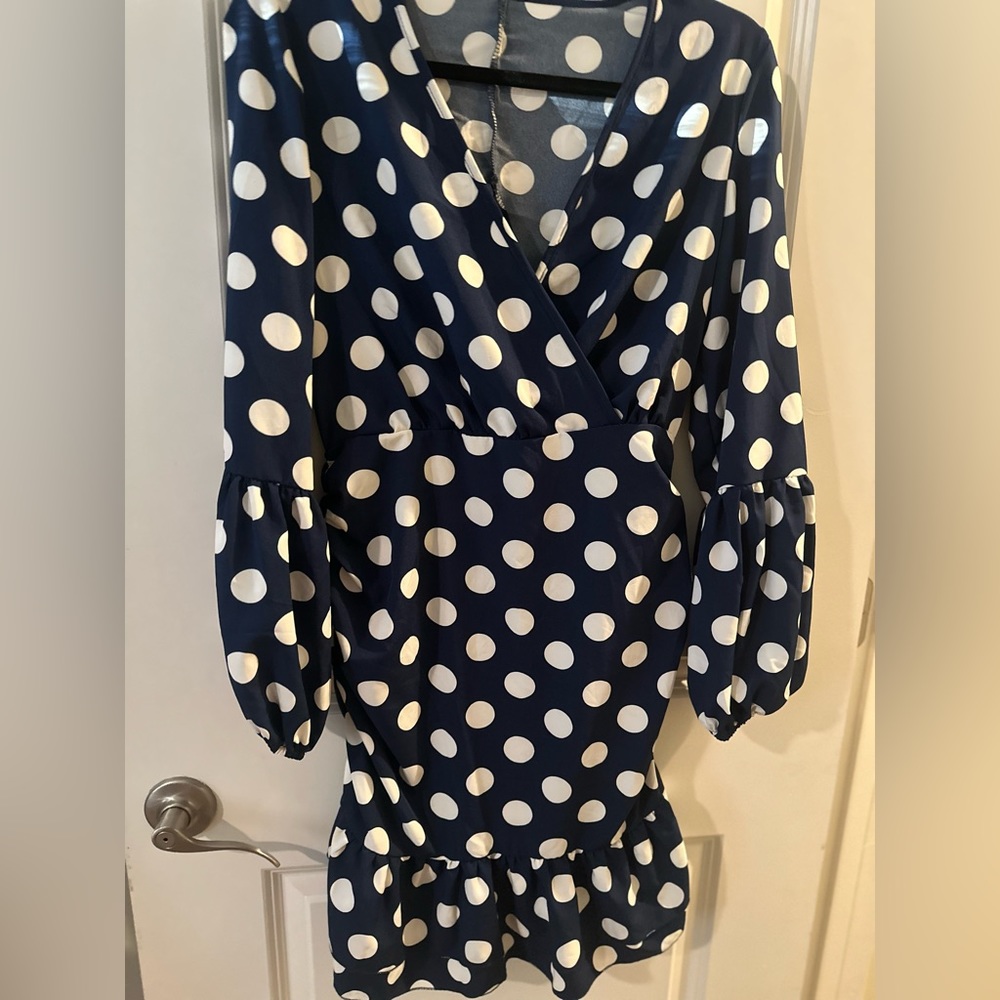 Blue & White Polka Dot Ruffled Dress with Ruching - Picture 11 of 11